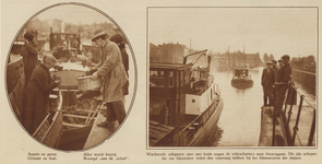 872815 Collage van 2 foto's betreffende wachtende schepen en schippers in de sluizen van het Merwedekanaal te Utrecht.